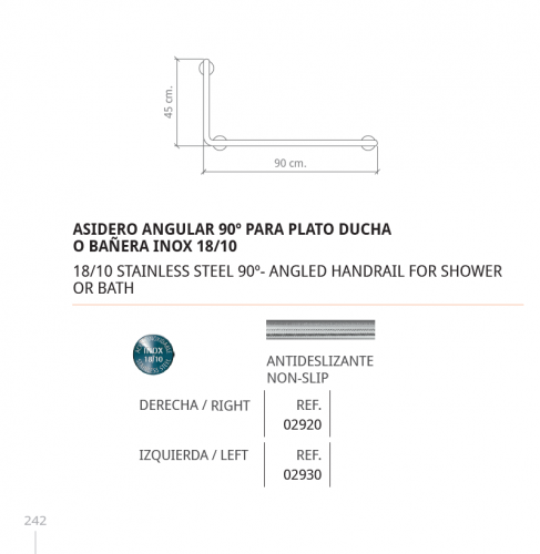 BELTRAN ASIDERO ANGULAR A 90º PLATO DE  DUCHA O BANERA  INOX 18/10 02920 O 02930