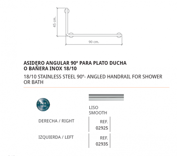BELTRAN ASIDERO ANGULAR A 90º PLATO DE  DUCHA O BANERA  INOX 18/10 02925 O 02935 NUEVO