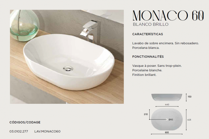 LAVABO BLANCO DE CERÁMICA  SOBRE ENCIMERA MONACO  ARTANDBATH 