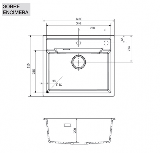 FREGADERO  MODELO AMSTERDAM 50 DE GRANITO  SOBRE ENCIMERA SOLFLESS