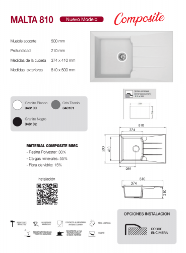 FREGADERO MODELO MALTA 810 SOBRE ENCIMERA SOLFLESS EN SCTOCK