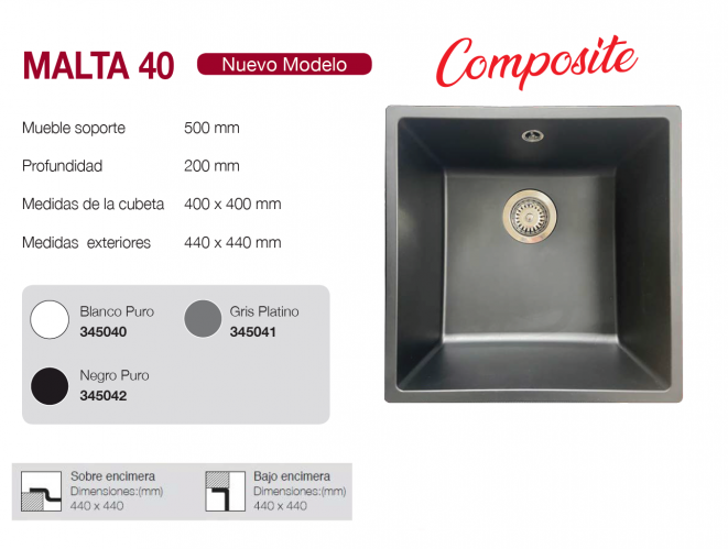 FREGADERO MODELO MALTA 40 SOLFLESS EN SCTOCK