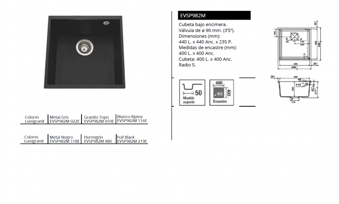 FREGADERO  M I N E R A L Q U A D R I L L E – BAJO ENCIMERA DE LUISINA EVSP982M NOVEDAD