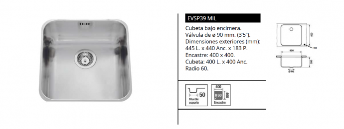 FREGADERO DE ACERO INOXIDABLE MODELO B A S I C  EVSP39 MIL LUISINA