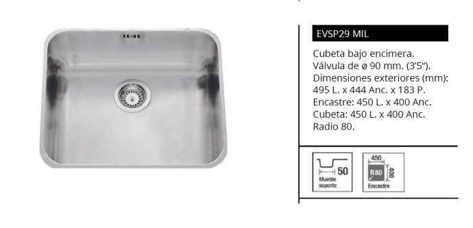 FREGADERO DE ACERO INOXIDABLE MODELO B A S I C  EVSP29 MIL MIL LUISINA