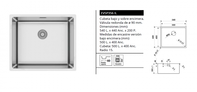 FREGADERO JAVA – SOBRE ENCIMERA DE LUISINA  EVSP356 IL NOVEDAD
