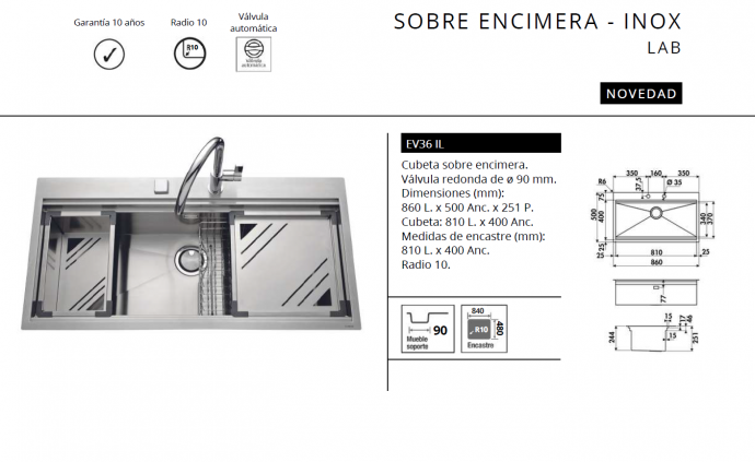 FREGADERO LAB INOX  – SOBRE ENCIMERA DE LUISINA  EV36 IL  NOVEDAD