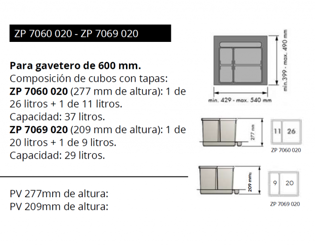CUBO DE BASURA BAJO FREGADERO ZP 7060 020 - ZP 7069 020  LUISINA NOVEDAD
