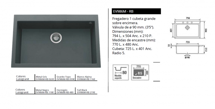 FREGADERO DE GRANITO LUISINA QUADRILLE LUISIGRANIT EV986M - RB