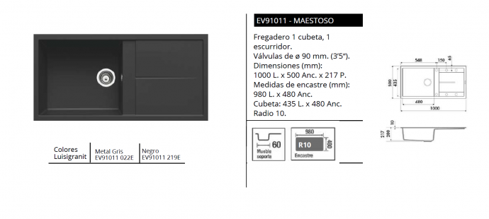 FREGADERO GRANITO CON ESCURRRIDOR LUISINA MAESTOSO EV91011 100x50 CM NOVEDAD