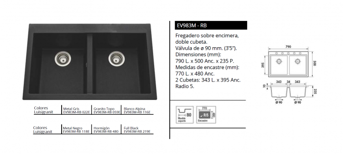 LUISINA FREGADERO DE GRANITO LUISIGRANIT QUADRILLE EV983M - RB - 790 x 500 mm