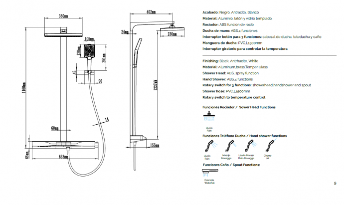 COLUMNA DE BAÑO – DUCHA CON REPISA EN CRISTAL TEMPLADO DUPLACH