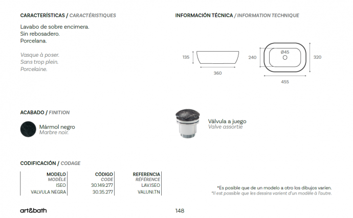 Lavabo negro mate sobre encimera moderno

Lavabo de porcelana sin rebosadero para baño

Lavabo Iseo Art & Bath extra fino y elegante

Lavabo de cerámica contemporáneo para baño pequeño

Lavabo baño duradero, fácil de limpiar y elegante