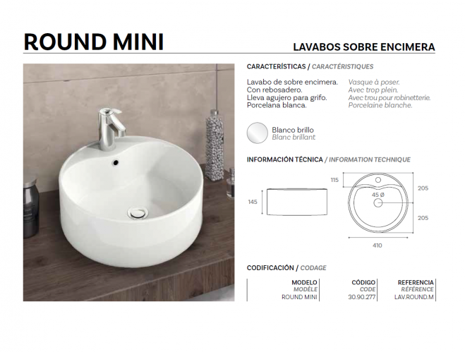 lavabo redondo sobre encimera 41 cm

lavabo compacto para baño pequeño

lavabo cerámica blanca brillante ArtandBath

lavabo de porcelana con rebosadero

lavabo de baño moderno y funcional