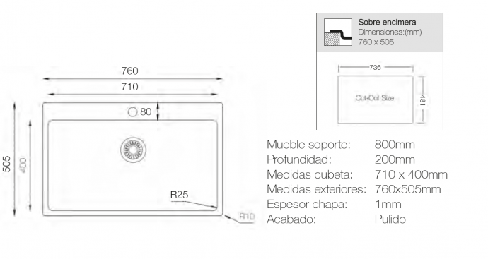 fregadero de cocina 760x505 mm acero inoxidable
fregadero sobre encimera para mueble de 80 cm
fregadero moderno con cubeta de 710x400 mm
fregadero Solfless con entrega rápida
fregadero elegante y funcional para cocina