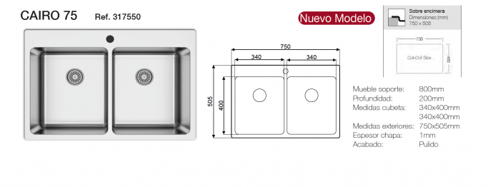 fregadero de cocina 750x505 mm con cubeta 340x400 mm
fregadero de acero pulido sobre encimera
fregadero Cairo 76 Solfless con entrega rápida
fregadero compacto y moderno para cocinas pequeñas
fregadero funcional y duradero para hogar