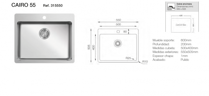 fregadero cocina 55x50 acero inoxidable pulido
fregadero 1 seno profundo 200 mm cocina
fregadero cocina para mueble 60 cm
fregadero sobre encimera 55x50 cm inox
fregadero cocina resistente fácil limpieza
fregadero acero inoxidable cocina doméstica